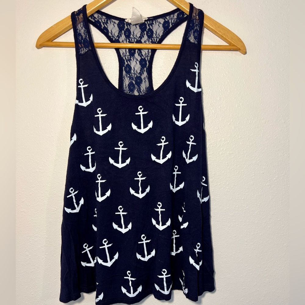 Touch Blue Lace Back Anchor Tank, S